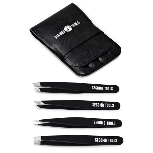 Segomo Tools 4 Piece Tweezer Set - Tweezers For Women - Ingrown Hair Removal Kit - Eyebrow Plucker - Precision Tweezers - Flat Angled Slant & Pointed Tweezers - TW004