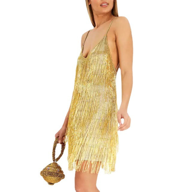 Vibrant Fringe V-Neck Party Dress